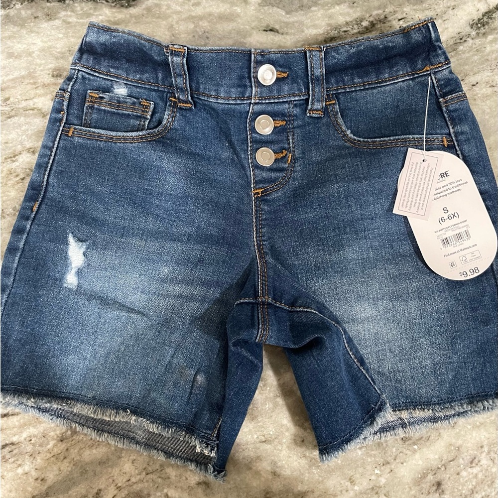 Lot of 2 Girls Distressed Denim Sorts, dark & medium washed 6-6X